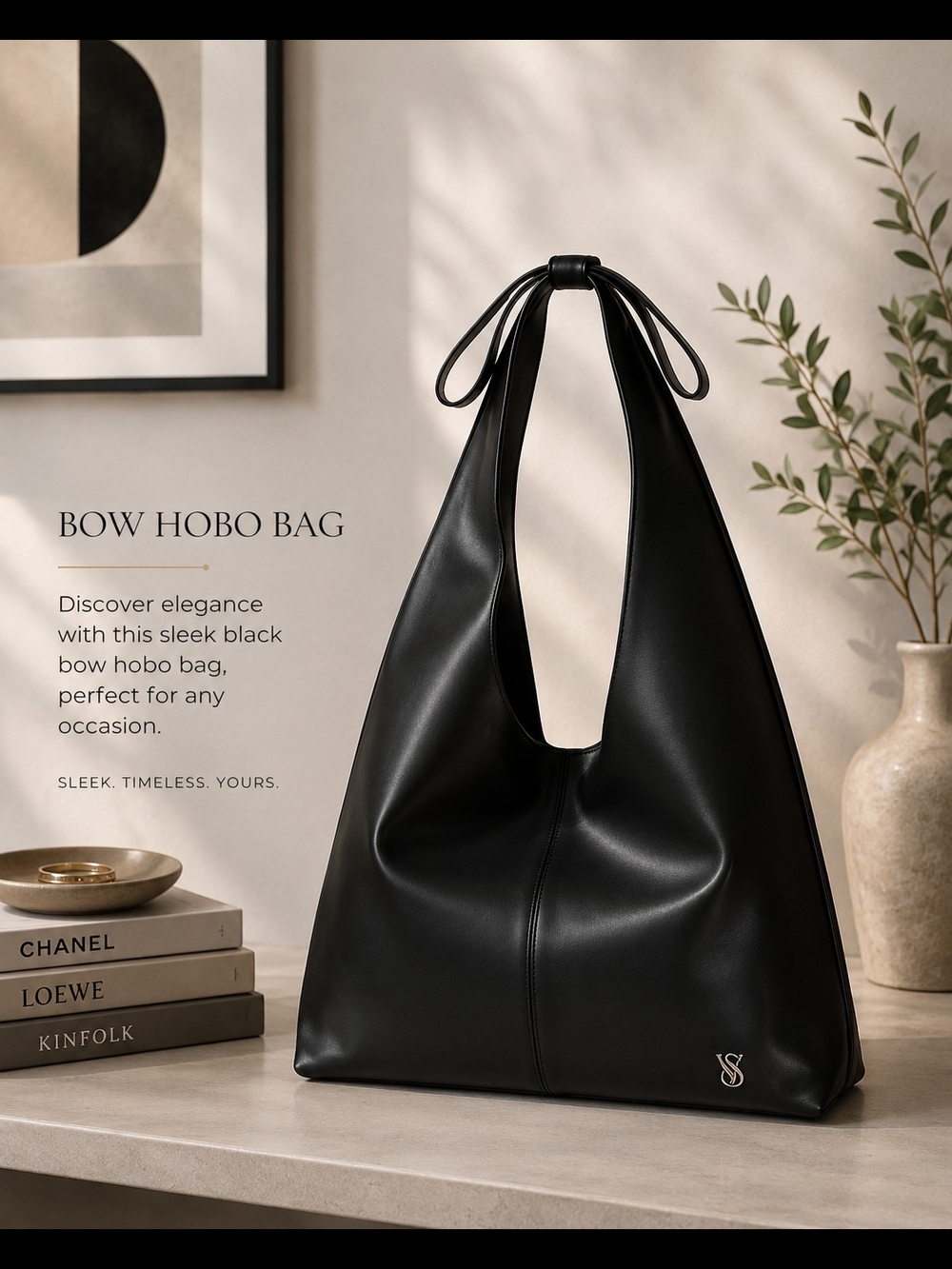 Black Hobo Bag with Bow On  Shoulder Strap